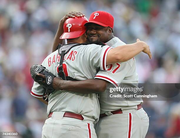 Antonio Alfonseca of the Philadelphia Phillies celebrates with Rod Barajas after the game against the Atlanta Braves at Turner Field on May 26, 2007...