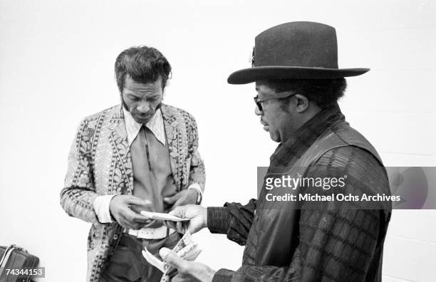 Guitarists Bo Diddley and Chuck Berry relax backstage at Madison Square Garden in the concert movie ´Let the Good Times Roll´ on May 6, 1972 in New...
