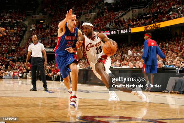 LeBron James of the Cleveland Cavaliers drives against Tayshaun Prince of the Detroit Pistons in Game Three of the Eastern Conference Finals during...