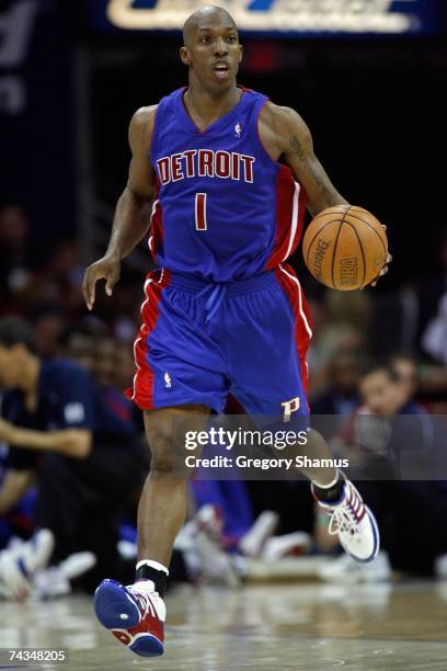 Chauncey Billups of the Detroit Pistons takes the ball up court against the Cleveland Cavaliers in Game Three of the Eastern Conference Finals during...