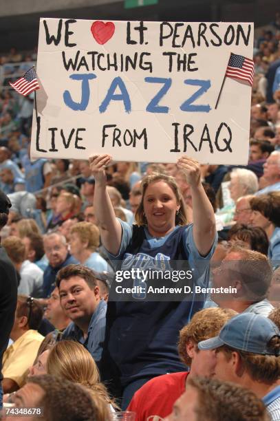 Fan of the Utah Jazz celebrates Memorial Day with a sign during the game against the San Antonio Spurs in Game Four of the Western Conference Finals...