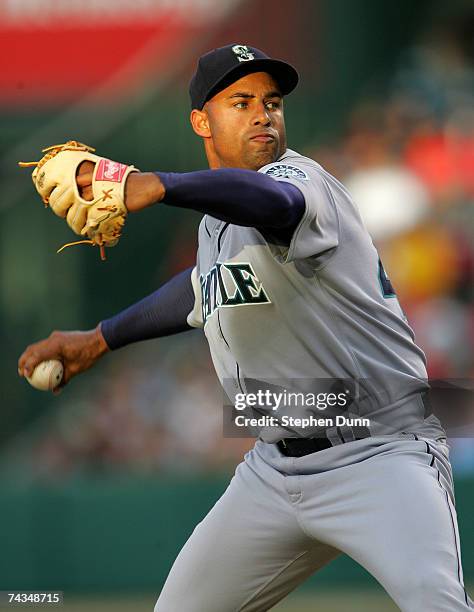 Pitcher Miguel Batista of the Seattle Mariners throws a pitch against the Los Angeles Angels of Anaheim on May 28, 2007 at Angel Stadium in Anaheim,...