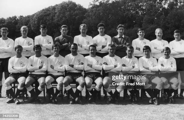 Tottenham Hotspur team photo, 8th August 1966. The team includes, Alan Mullery, Cyril Knowles, Pat Jennings, Eddie Clayton, Frank Saul, Cliff Jones,...