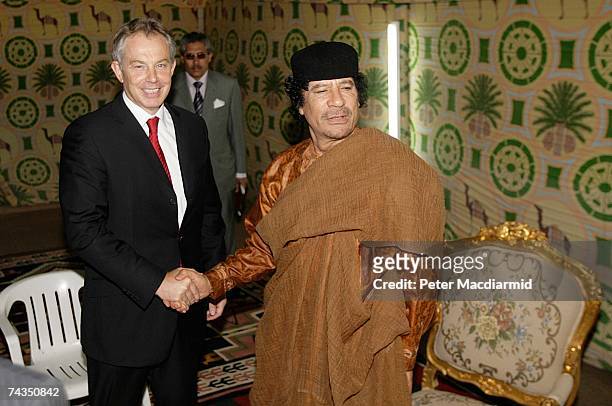 Prime Minister Tony Blair meets with Colonel Moammar Gadhafi on May 29, 2007 in Sirte, Libya. Mr Blair is on a five day visit to meet with African...