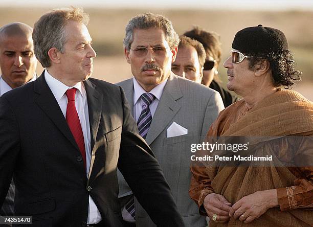 Prime Minister Tony Blair meets with Colonel Muammar Abu Minyar al-Gaddafi on May 29, 2007 in Sirte, Libya. Mr Blair is on a five day visit to meet...