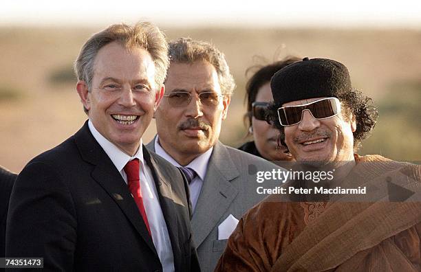 Prime Minister Tony Blair meets with Colonel Muammar Abu Minyar al-Gaddafi on May 29, 2007 in Sirte, Libya. Mr Blair is on a five day visit to meet...