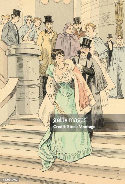 Fashion plate by French artist Francois Courboin entitled 'Subscribers Leaving the Opera' shows a fashionably dressed woman on a staircase as a man...