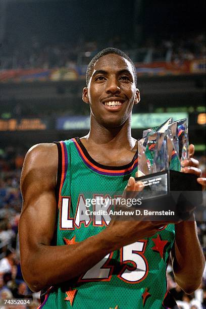 Eddie Jones of the Green Squad poses with his MVP award after the 1995 Rookie Challenge played February 11, 1995 at the America West Center in...