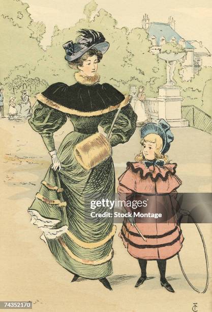 Fashion plate by French artist Francois Courboin entitled 'Children's Promenade in the Luxembourg Gardens' shows a young girl with a rolling hoop as...