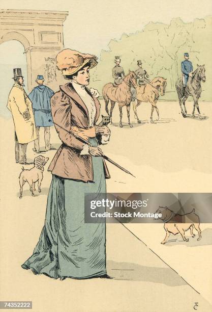 Fashion plate by French artist Francois Courboin entitled 'Coming Back from a Morning in the Bois' shows a fashionably dressed woman with a cat in...