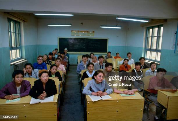 View of the coed class of students at the University of Uighur traditional medicine of Khotan May, 1996 in Khotan, China.