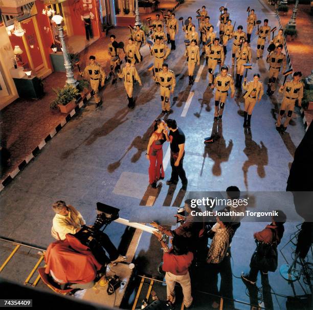Love song-and-dance sequence starring Boby Deol and Bipasha Basu on the set of Chor Mach Sohr at Filmaliya Studios January 2000 in Mumbai, India....