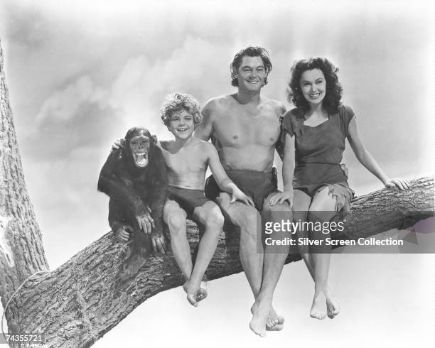 Olympic swimming champion and Hollywood actor Johnny Weissmuller as Tarzan, with Maureen O'Sullivan as Jane and Johnny Sheffield as Boy in 'Tarzan's...