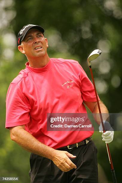 Tom Lehman hits a shot during the fourth round of the 2007 Crowne Plaza Invitational At Colonial tournament in Fort Worth, Texas at Colonial Country...