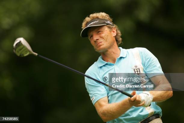 Bernhard Langer hits a shot during the fourth round of the 2007 Crowne Plaza Invitational At Colonial tournament in Fort Worth, Texas at Colonial...