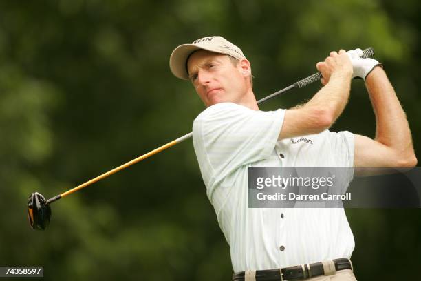 Jim Furyk hits a shot during the fourth round of the 2007 Crowne Plaza Invitational At Colonial tournament in Fort Worth, Texas at Colonial Country...