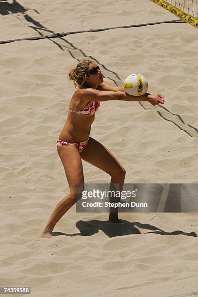 April Ross hits the ball during the AVP Cuervo Gold Crown Huntington Beach Open on May 6, 2007 in Huntington Beach, California. Nicole Branagh and...