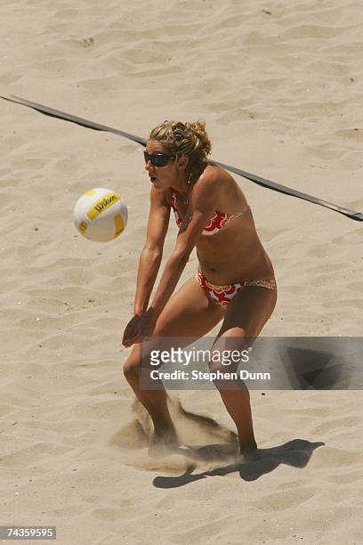 April Ross hits the ball during the AVP Cuervo Gold Crown Huntington Beach Open on May 6, 2007 in Huntington Beach, California. Nicole Branagh and...