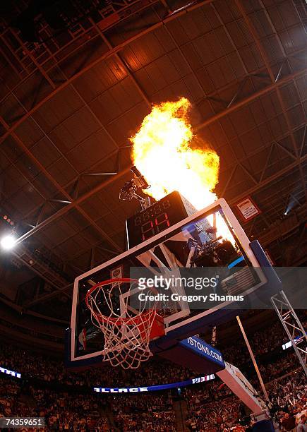Pyrotechnics during pregame festivities prior to Game Two of the Eastern Conference Finals between the Detroit Pistons and the Cleveland Cavaliers...