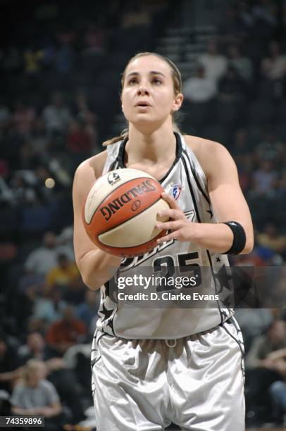 Becky Hammon of the San Antonio Silver Stars shoots a free throw during the WNBA game against the Connecticut Sun on May 23, 2007 at the AT&T Center...