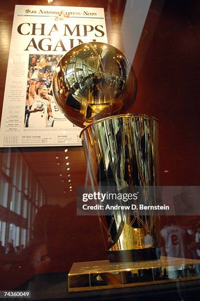 The San Antonio Spurs past Championship Trophy sits on display for the fans as they host the Utah Jazz in Game Five of the Western Conference Finals...