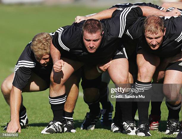 Daniel Braid , Campbell Johnstone and Derren Witcombe pack down in the scrum during a Junior All Blacks training session held at North Harbour Stadum...