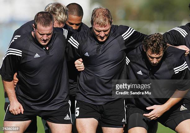 Campbell Johnstone , Derren Witcombe and Wyatt Crockett pack down in the scrum during a Junior All Blacks training session held at North Harbour...