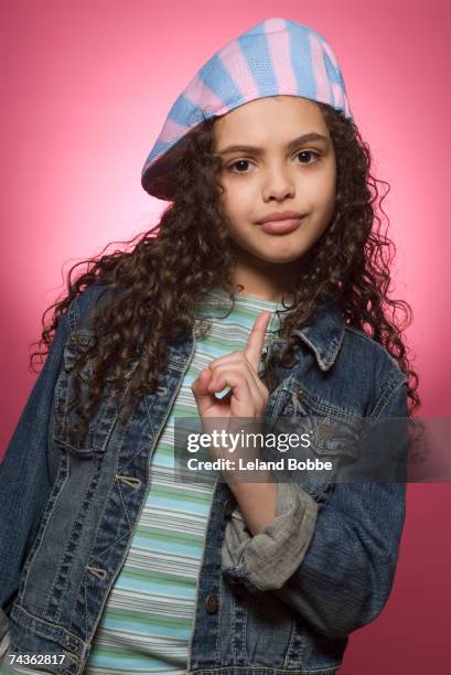 portrait of girl (10-11) wagging finger, wearing hat - shaking finger stock pictures, royalty-free photos & images