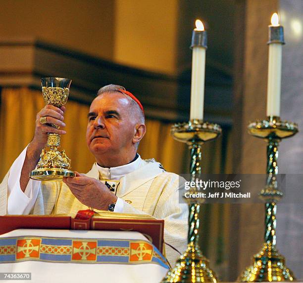 Cardinal Keith O'Brien takes mass at St Mary's Cathedral on May 31, 2007 in Edinburgh, Scotland. The Cardinal has urged voters to reject politicians...