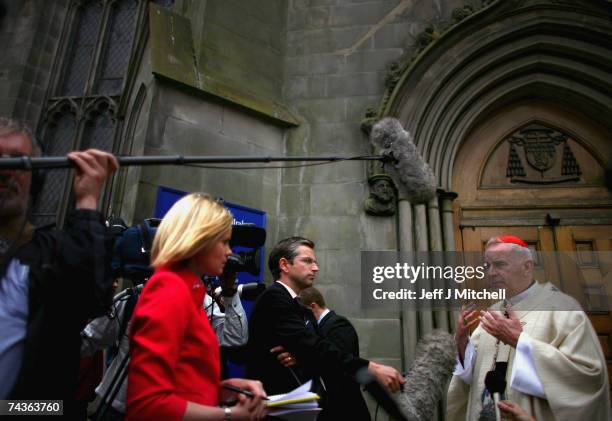 Cardinal Keith O'Brien talks with the media at St Mary's Cathedral on May 31, 2007 in Edinburgh, Scotland. The Cardinal has urged voters to reject...