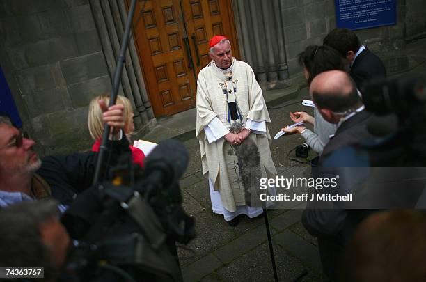 Cardinal Keith O'Brien talks with the media at St Mary's Cathedral on May 31, 2007 in Edinburgh, Scotland. The Cardinal has urged voters to reject...