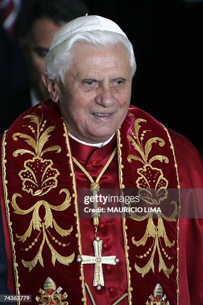 Pope Benedict XVI leaves the Bandeirantes Palace after meeting Brazilian President Luiz Inacio Lula da Silva and Sao Paulo state Governor Jose Serra,...