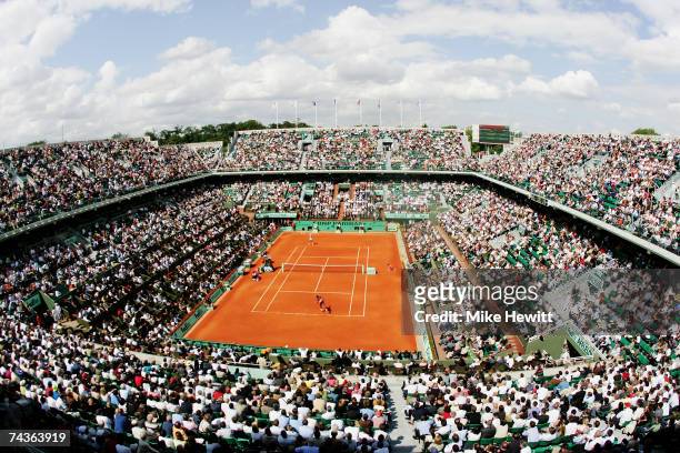General view of Philippe Chatrier court as Serena Williams of United States of America takes on Milagros Sequera of Venezuela during the Women's...