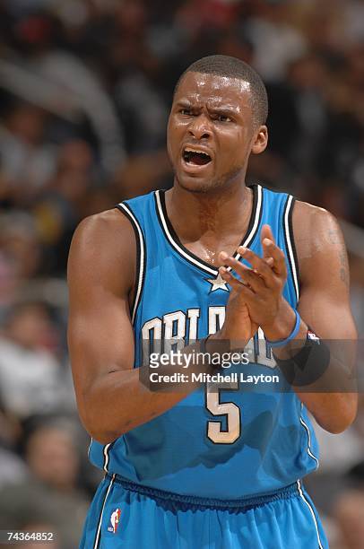 Keyon Dooling of the Orlando Magic encourages his team during the NBA game against the Washington Wizards at the Verizon Center on April 17, 2007 in...