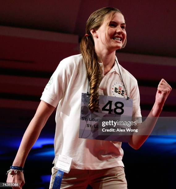 Caroline Frances Rouse of St. Louis, Missouri, celebrates after she correctly spelled the word "beccafico" during the 2007 Scripps National Spelling...