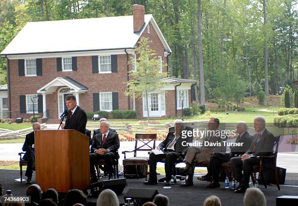 Franklin Graham, son of evangelist Billy Graham, addresses the audience from the stage during the Billy Graham Library Dedication Service on May 31,...