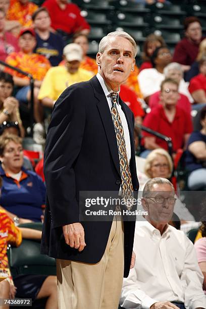 Head coach Brian Winters of the Indiana Fever looks on from the sideline during the WNBA game against the Los Angeles Sparks on May 24, 2007 at...