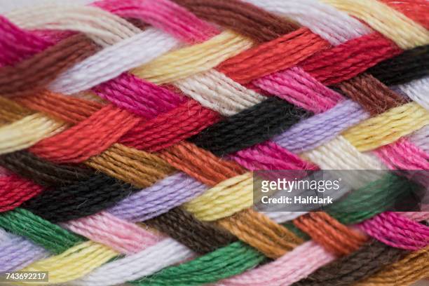 full frame shot of colorful knitted wool - braids stockfoto's en -beelden