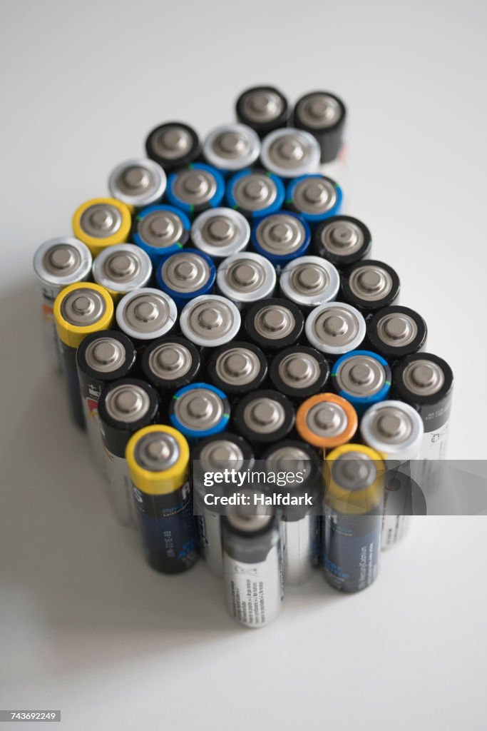High angle view of batteries on white table