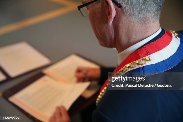 civil wedding ceremony. city hall wedding. france. - bürgermeister stock-fotos und bilder