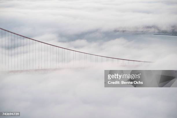 view of golden gate bridge surrounded by fog over san francisco bay, california, usa - golden gate bridge city fog stock-fotos und bilder