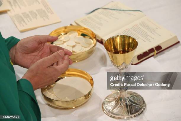 catholic mass.  eucharist celebration. france. - the last supper stock pictures, royalty-free photos & images