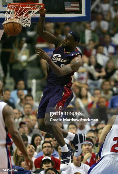 LeBron James of the Cleveland Cavaliers dunks against the Detroit Pistons in Game Five of the Eastern Conference Finals during the 2007 NBA Playoffs...