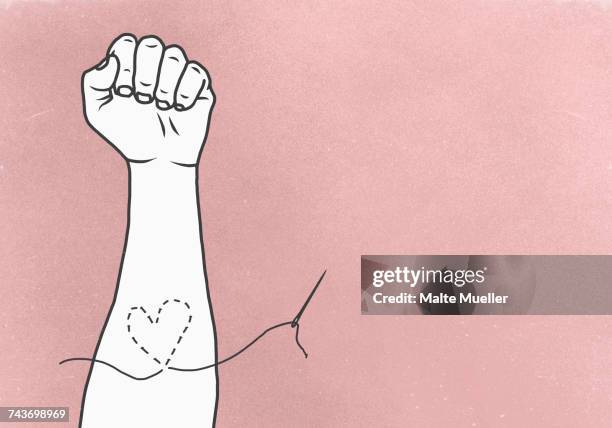 stockillustraties, clipart, cartoons en iconen met illustrative image of heart stitched on hand against pink background - stiksel