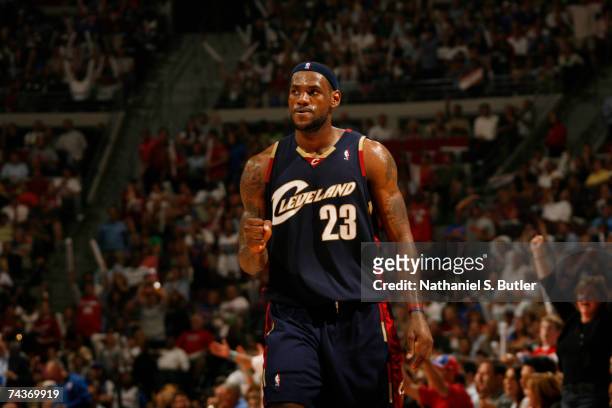 LeBron James of the Cleveland Cavaliers reacts against the Detroit Pistons in Game Five of the Eastern Conference Finals during the 2007 NBA Playoffs...