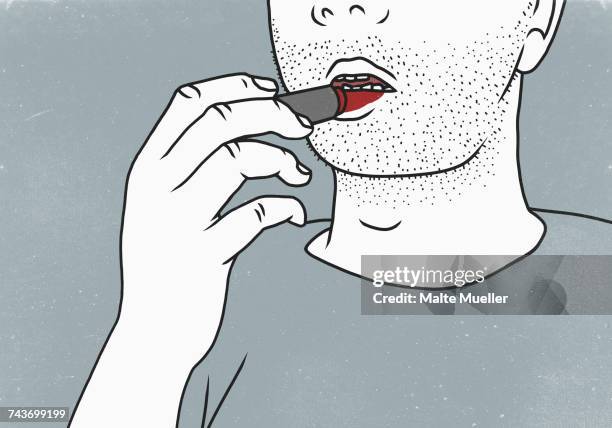 midsection of man applying red lipstick against gray background - human mouth stock illustrations