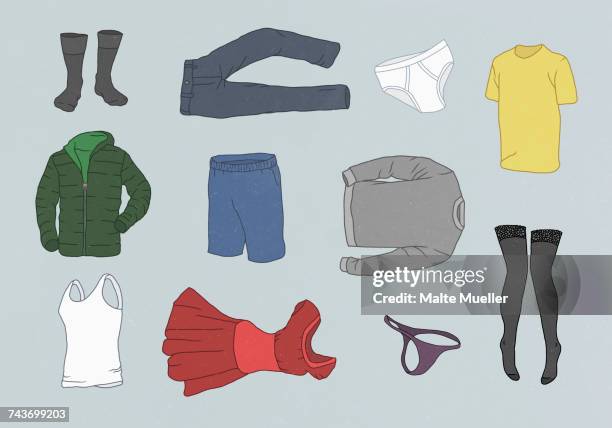 various clothes against gray background - multi colored jacket stock illustrations