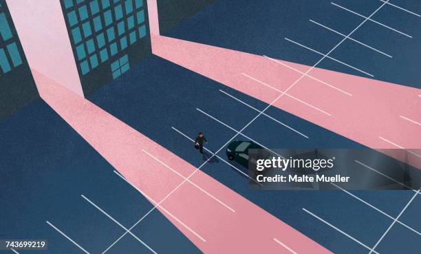high angle view of man walking towards car at parking lot against building - city illustration stock-grafiken, -clipart, -cartoons und -symbole