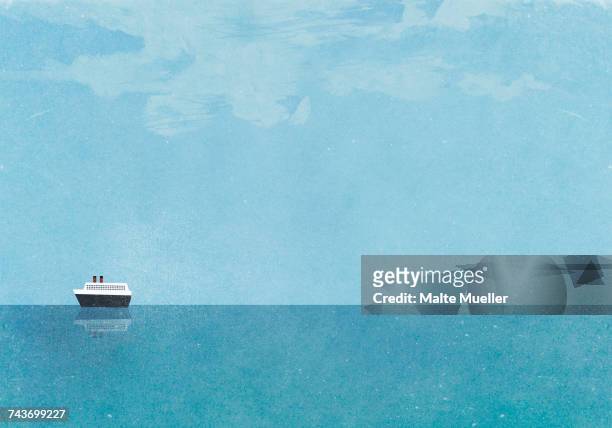cruise ship moving on sea against blue sky - ship stock illustrations