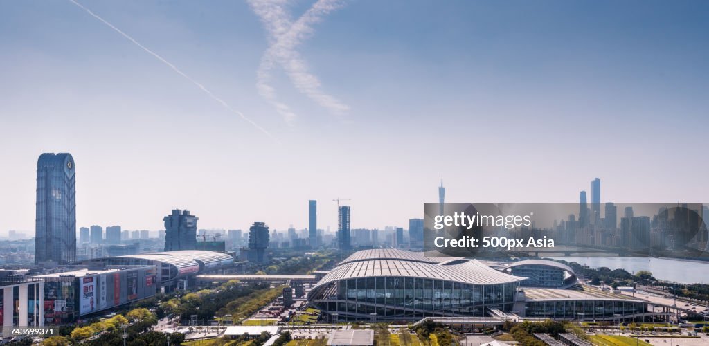 Panoramic view of Canton Fair Pazhou complex, Guangzhou, Guangdong, China